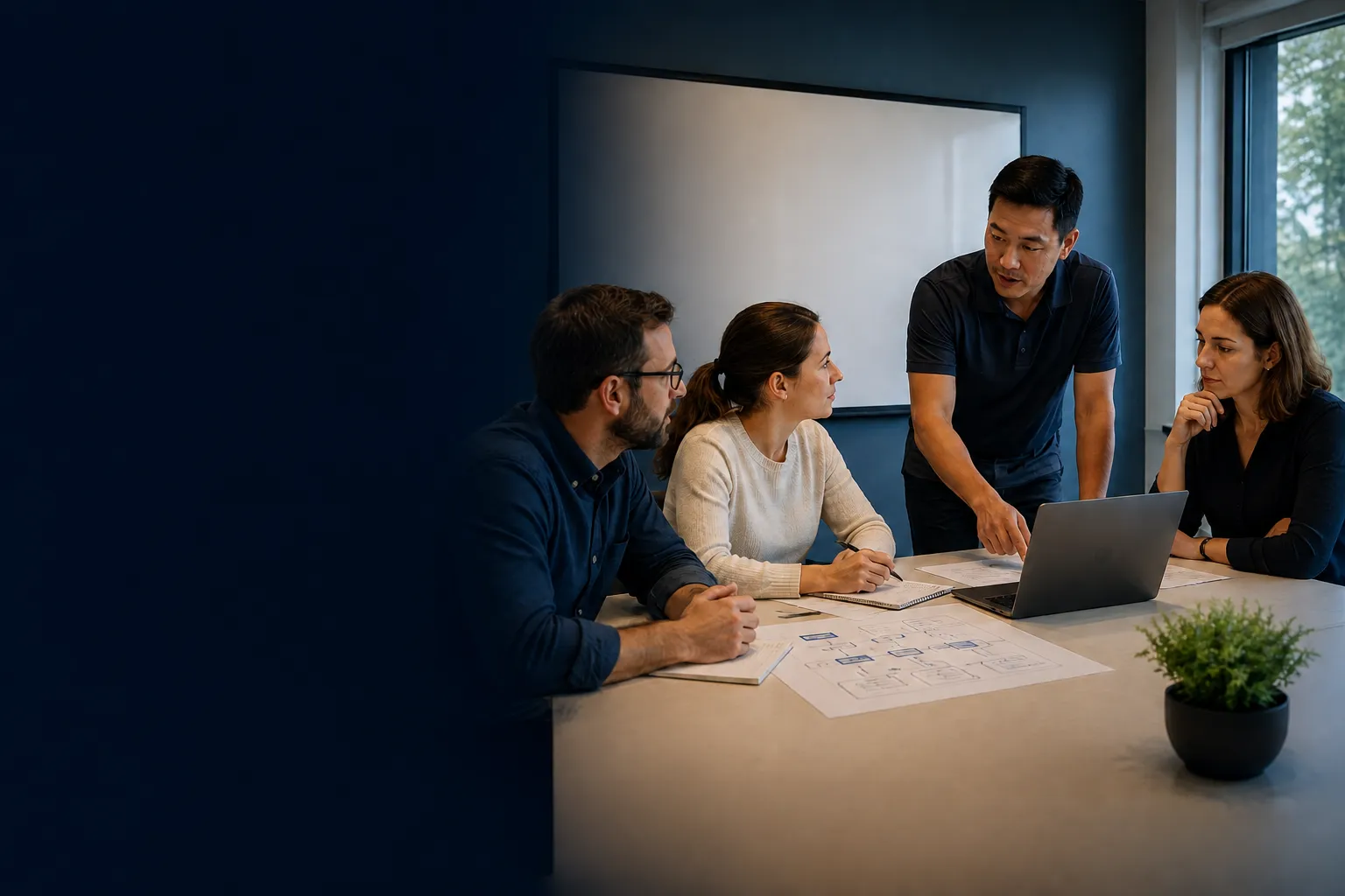 Four professionals collaborate around a laptop and process sketches during a working session.