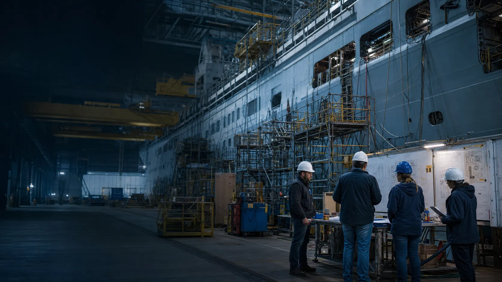 Engineers coordinate maintenance planning beside a vessel in a large industrial facility.