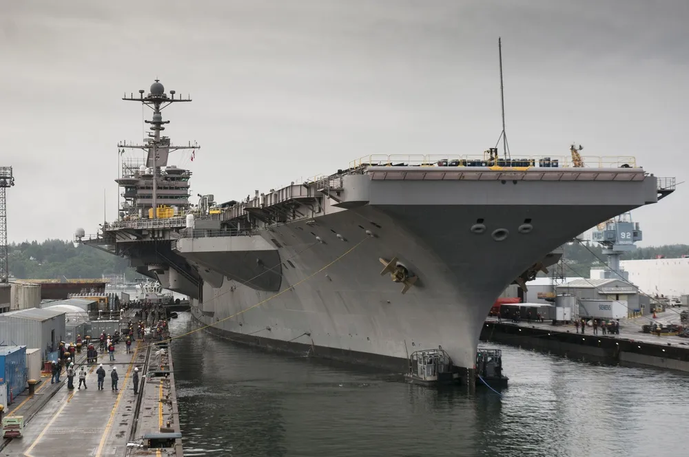 USS John C. Stennis enters dry dock at Puget Sound Naval Shipyard for scheduled maintenance.
